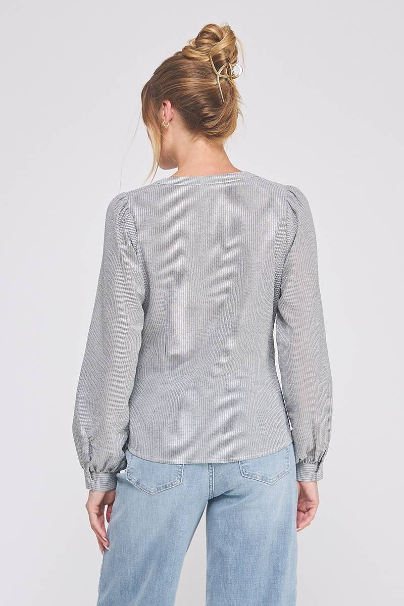 Striped cotton blend side wrap-tie button up blouse: NATURAL WHT, M