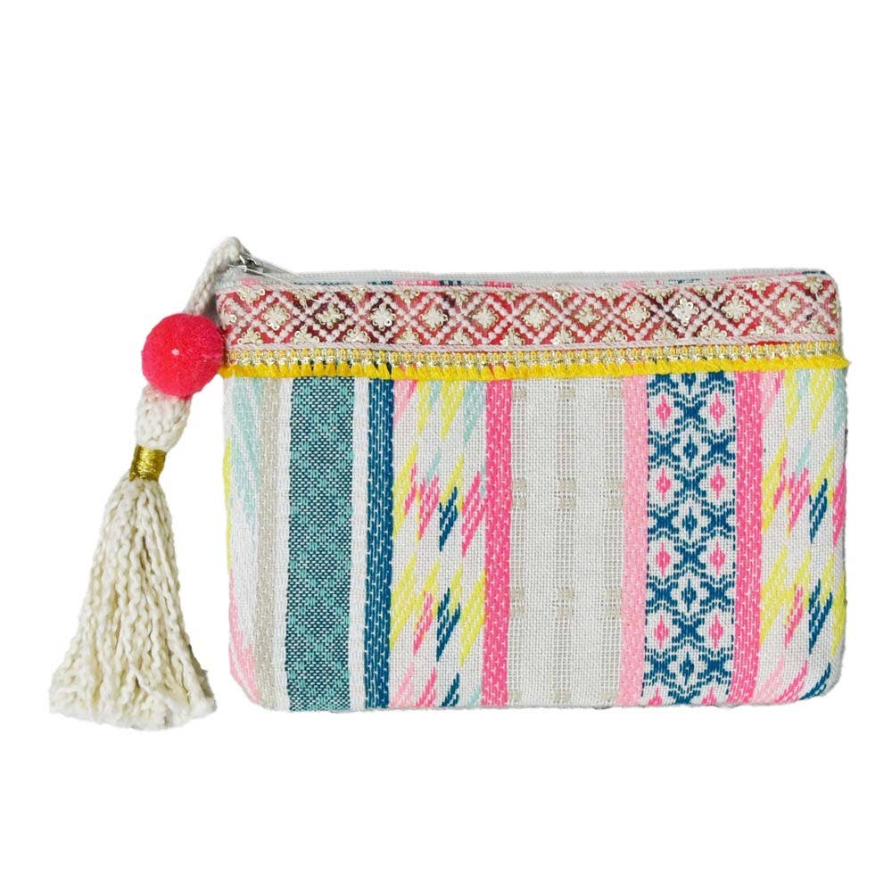 Multicolored Pocket Book with Frill and Pom Pom Tassel