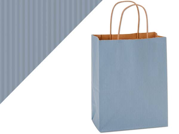 Recycled Shadow Stripe Kraft Paper Retail Shopping Bags: French Blue, 25 Pack, Vogue 16x6x13"