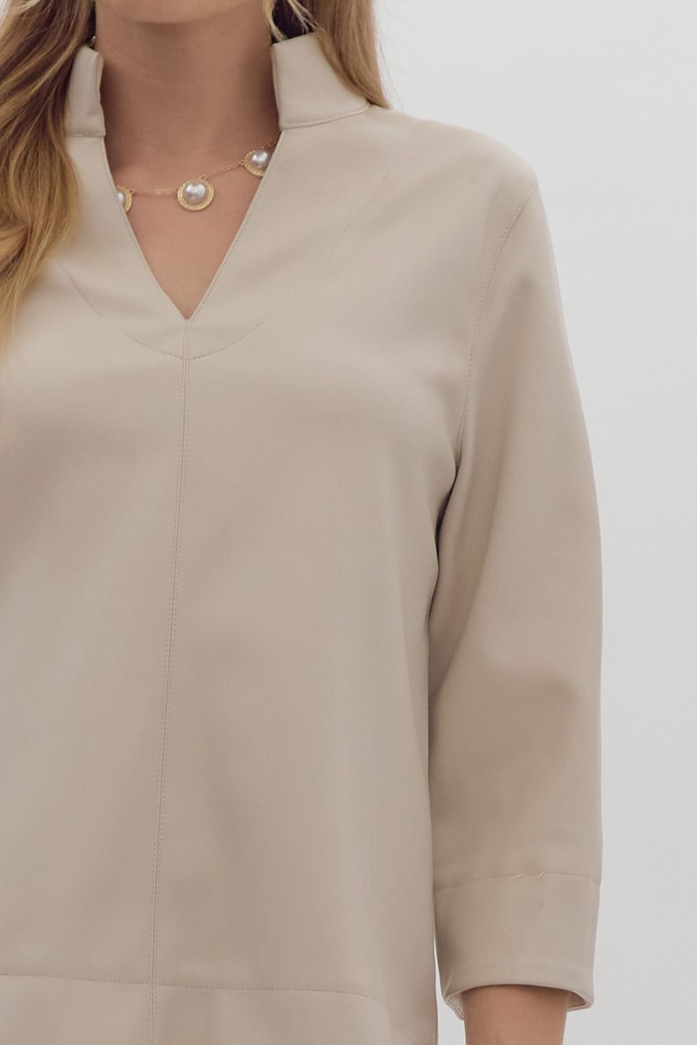 Ecru Faux Leather V-Neck 3/4 Sleeve Top