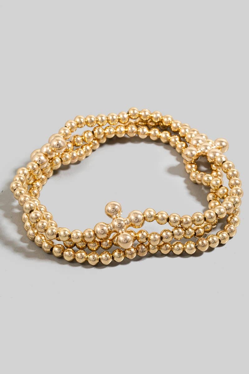 Large Metallic Bead Cross Charms Layered Bracelet Set