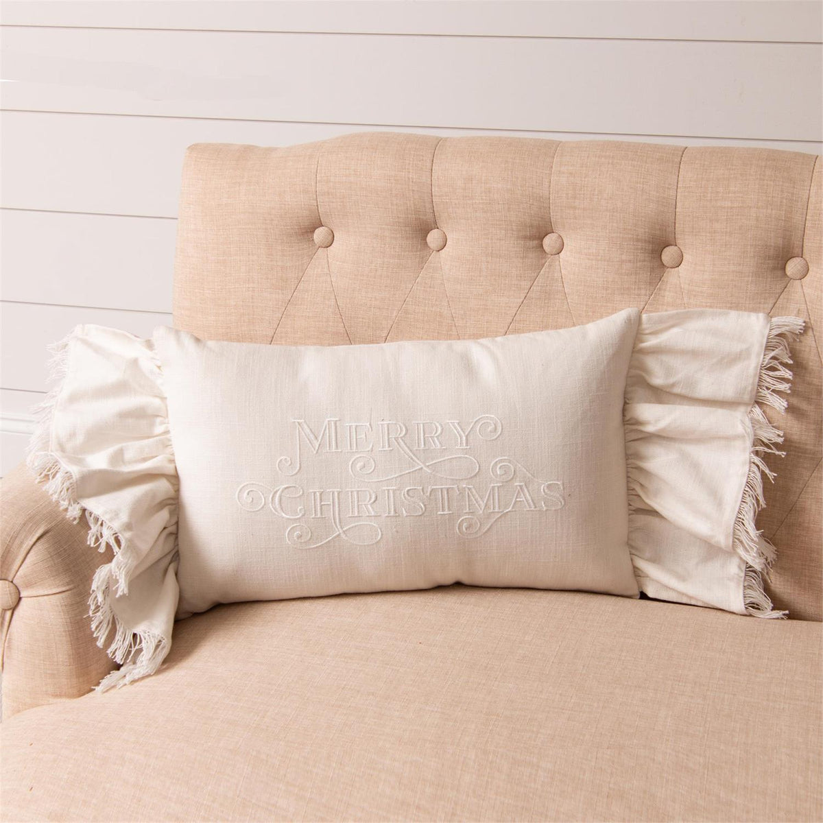 Ruffled Edge Pillow-Embroidered Merry Christmas