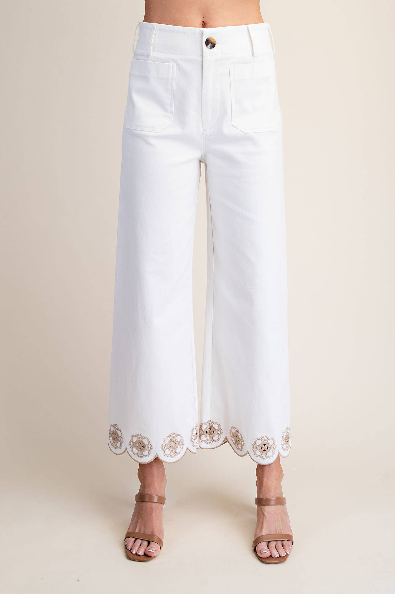 Colette Scallop-Hem Wide-Leg Pants: White