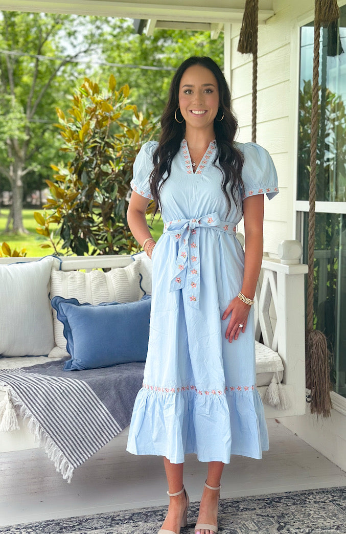 Sky Blue Floral Embroidery Belted Midi Dress