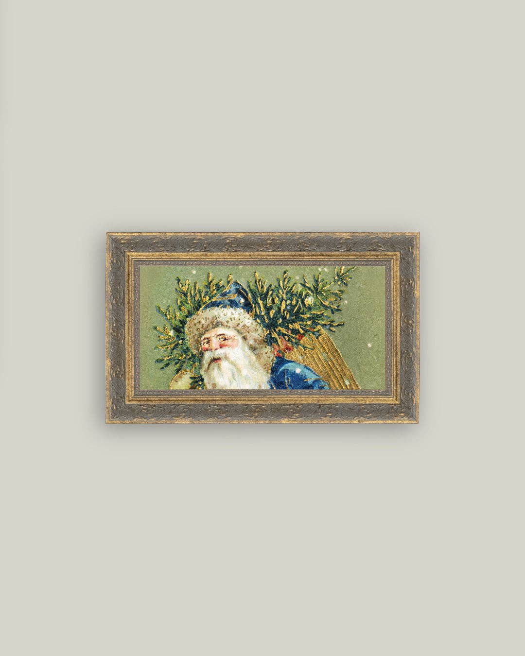 Santa Dressed In Blue Framed Antique Art: 12x7