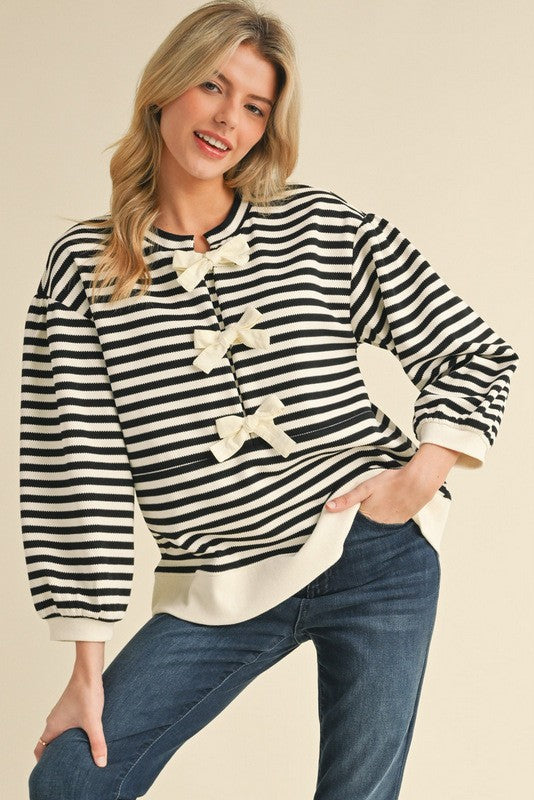 Striped Bow Tie 3/4 Sleeves Top Ivory/Black