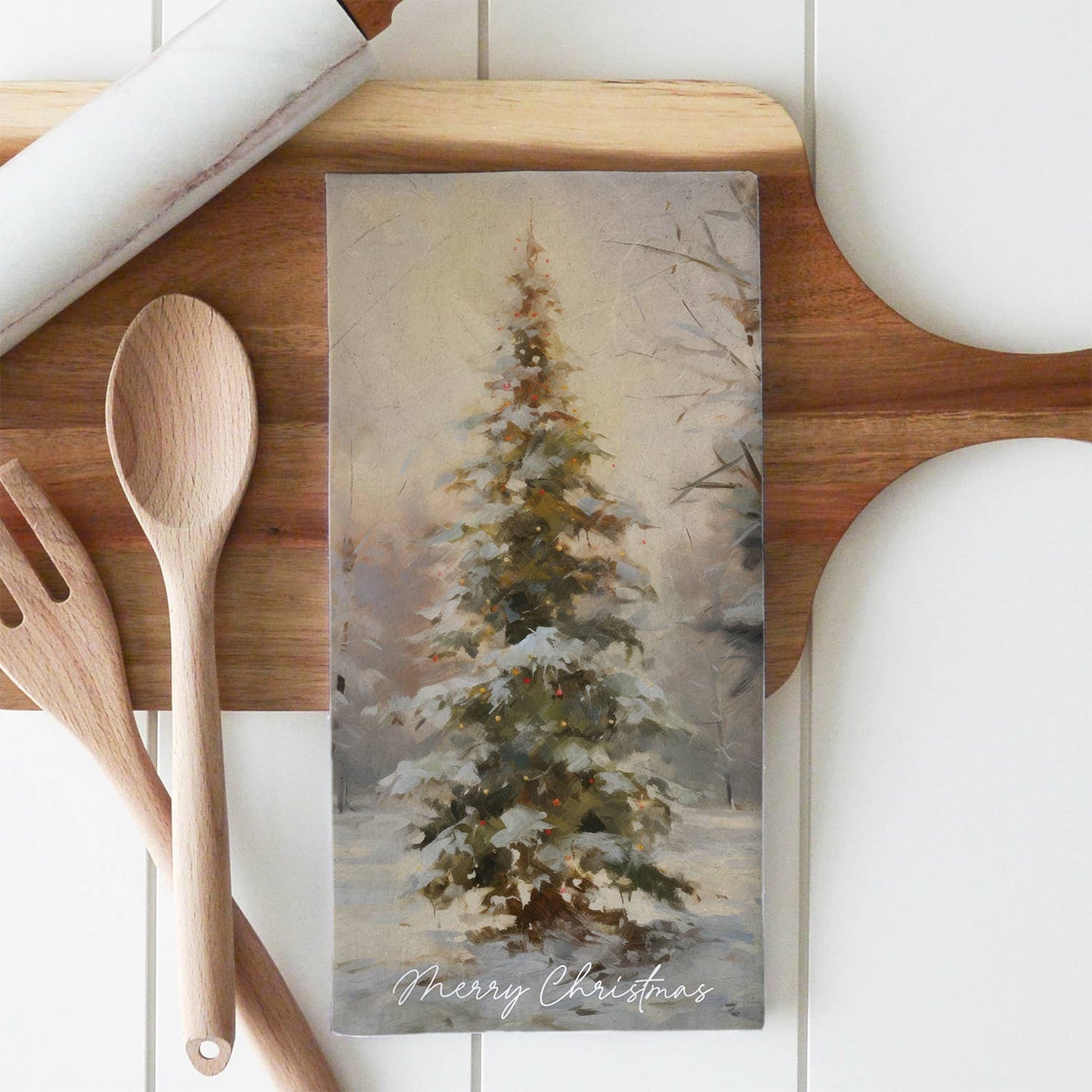 Merry Christmas Tree Tea Towel: White