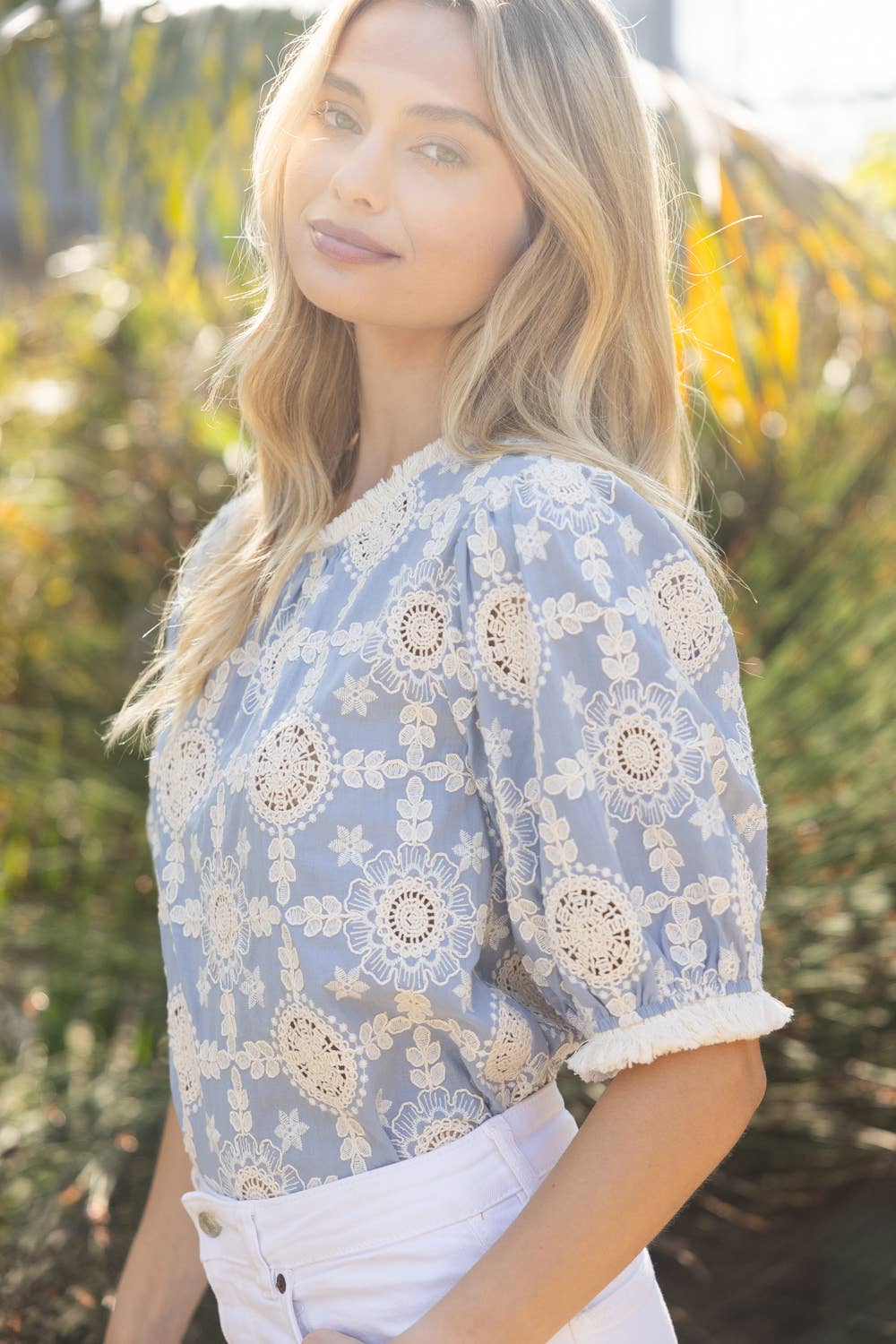 Embroidered Cotton Fringe Detailed Summer Top Slate Blue