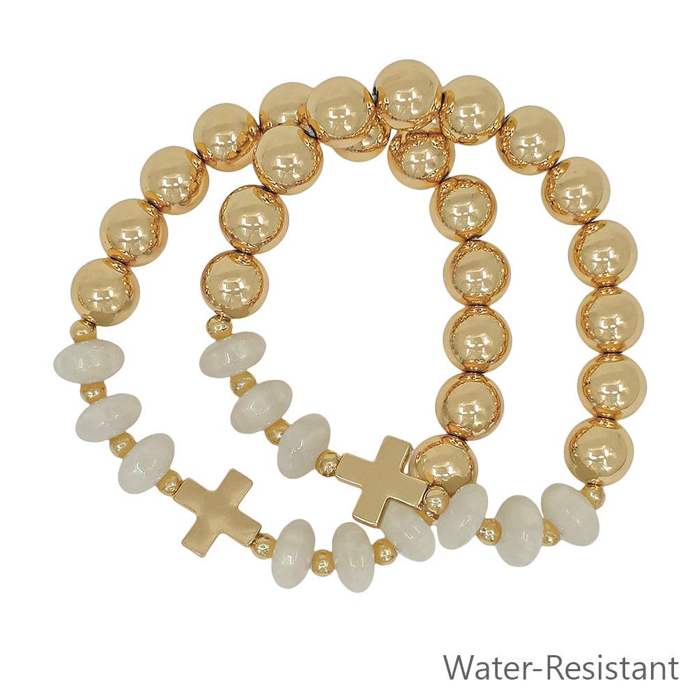 Set of 2 Gold Beaded with White Crystals and Gold Cross Stretch Bracelets