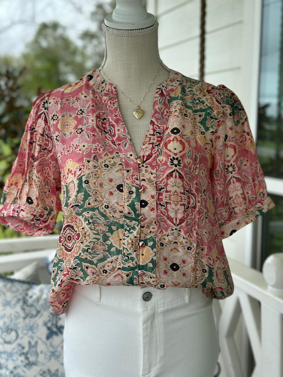 Pink Mixed Paisley Puff Sleeve Print Top