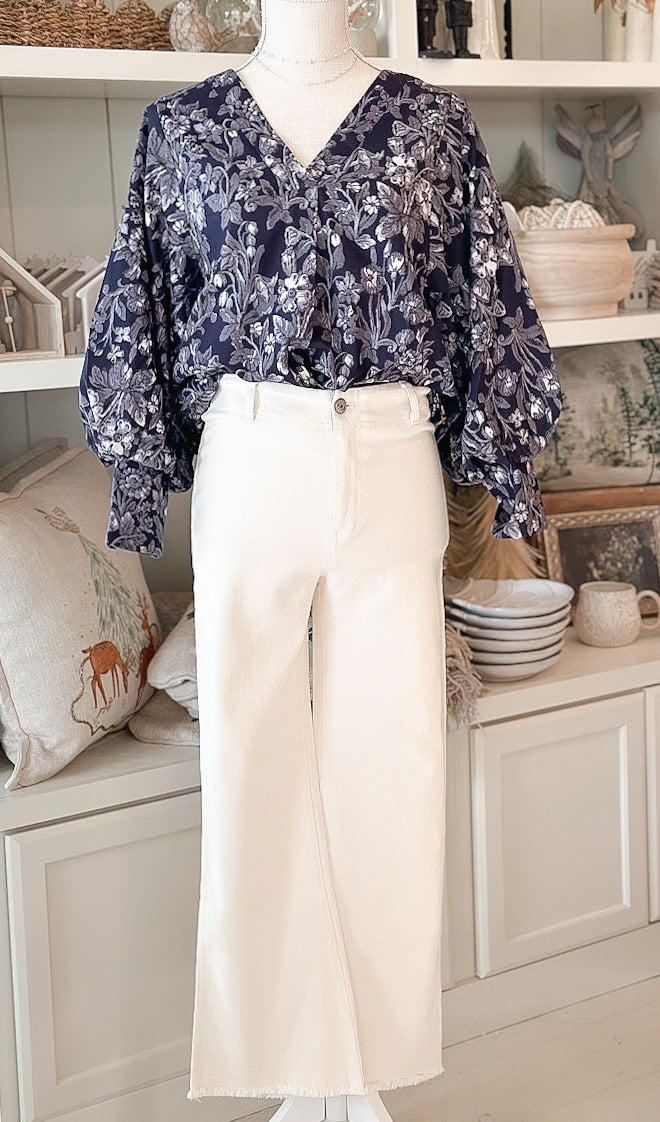 Navy Floral Print 3/4 Balloon Sleeves Top