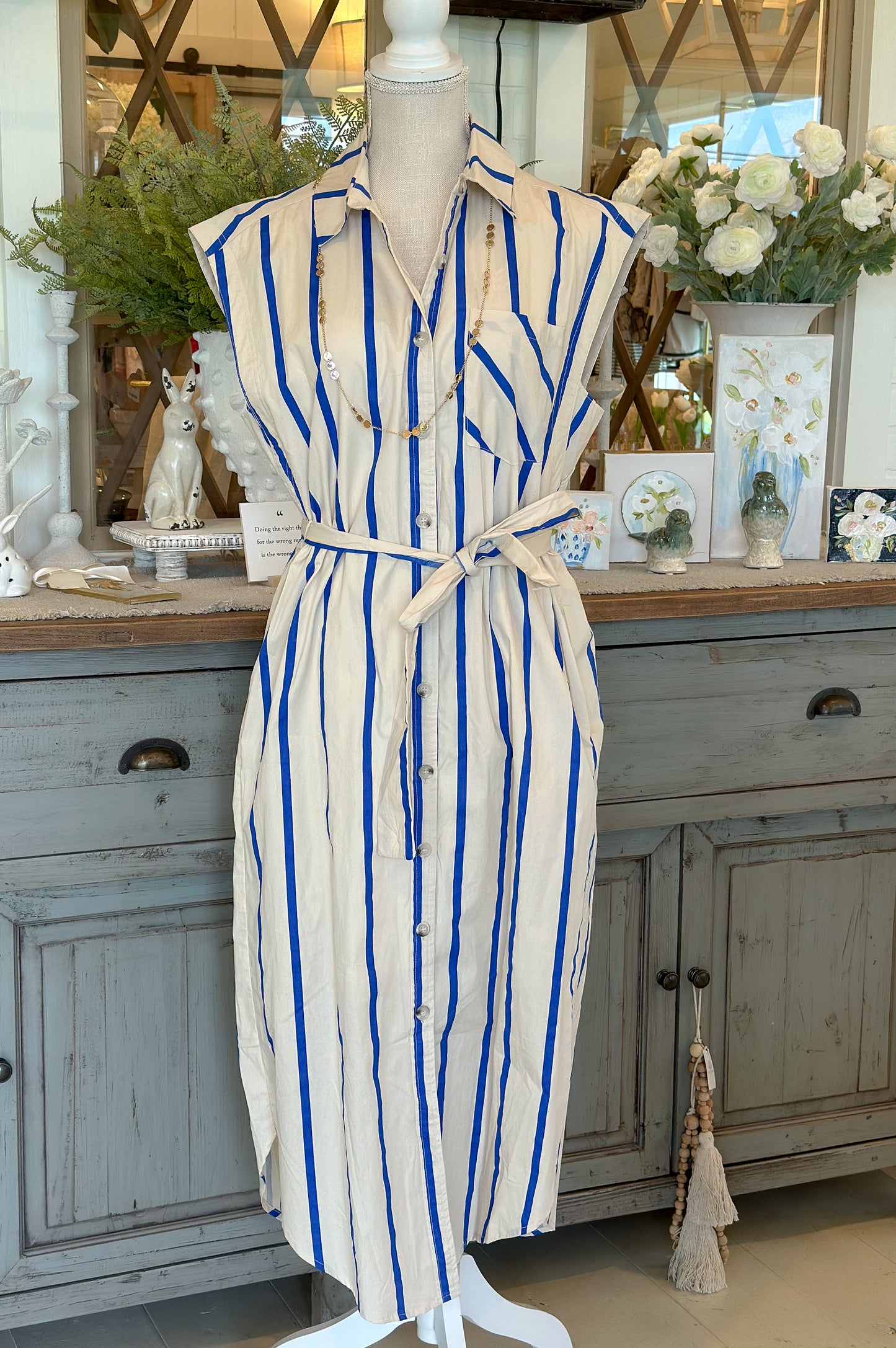 Blue Stripe & White Collared Dress
