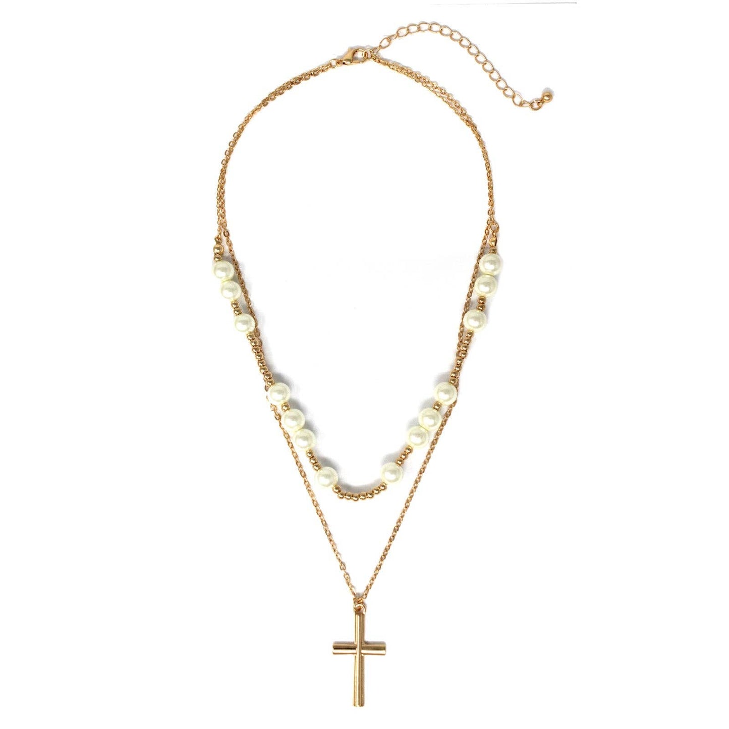 Gold and Pearl Beaded Layered Cross 16"-18" Necklace