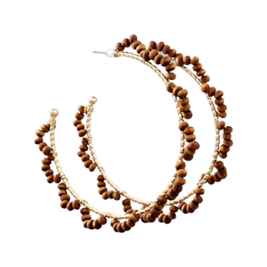 Brown Wood Beaded Wrapped Hoop