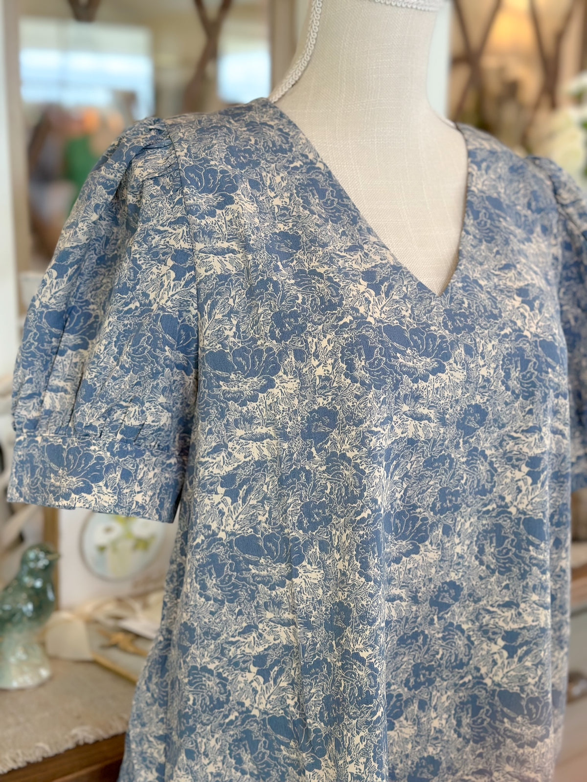 Jacquard Print V-neck Top-Dusty Blue