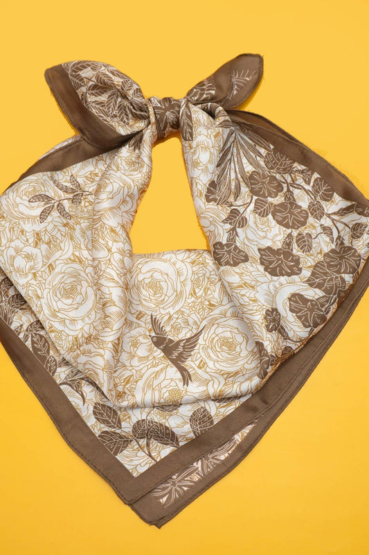 Brown Large Floral Print Bandana Scarf
