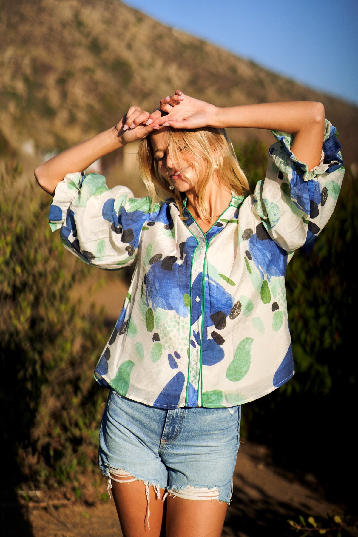 Floral Blue/Green Blouse with Gathered Balloon Sleeves