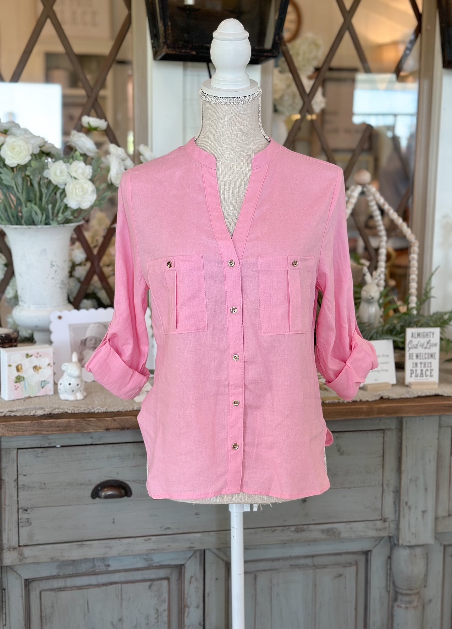 Pink Linen Button-Down Shirt