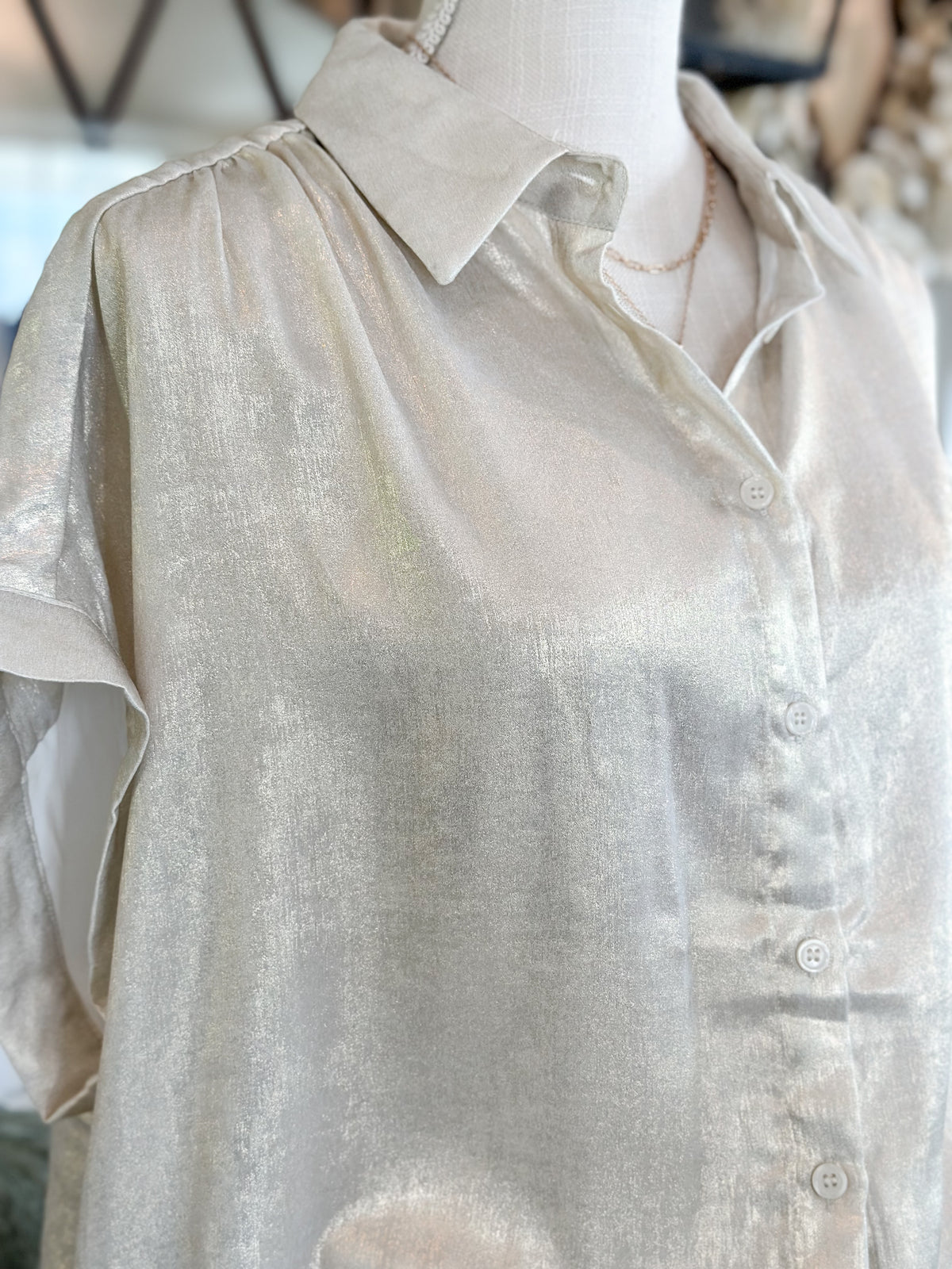 Metallic Collared Button Up Top
