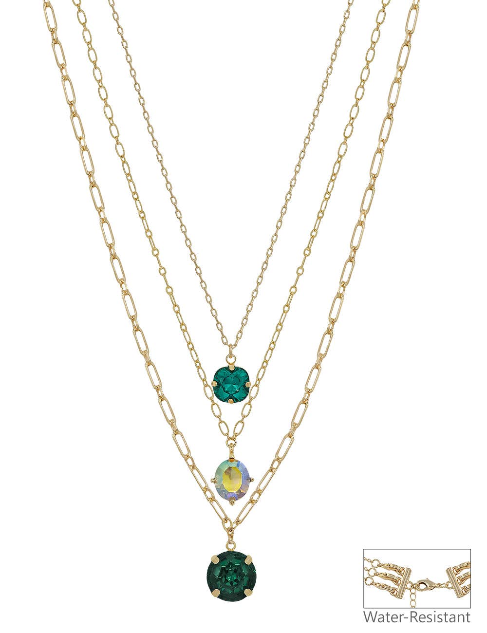 Water Resistant Gold Triple Layered Multi Way Emerald Green Crystal Drop 16"-18" Necklace