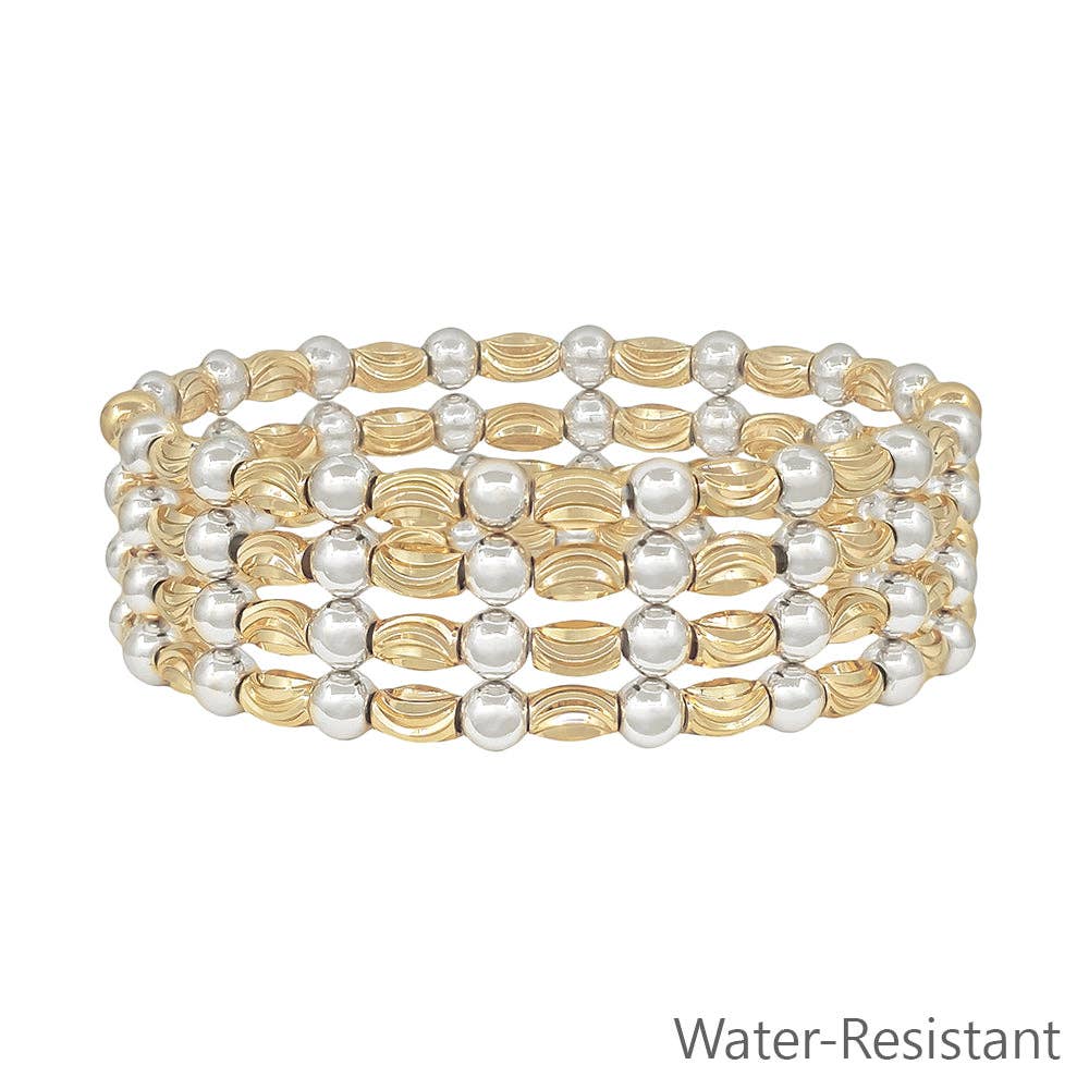 Gold and Silver Textured Oval and Gold Beaded Set of 4 Stretch Bracelets