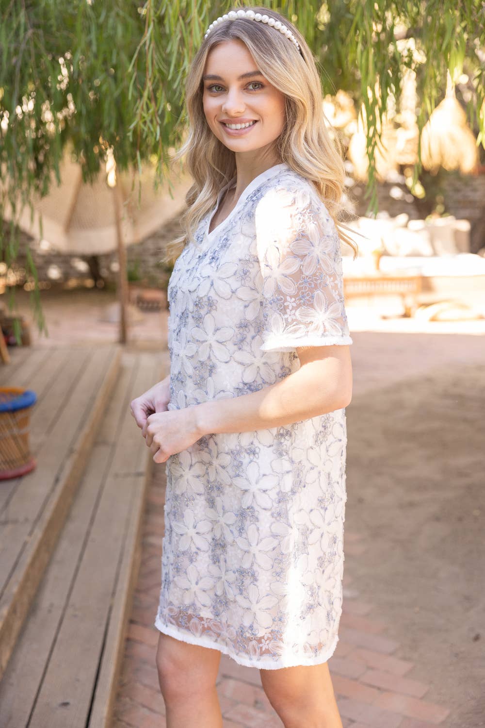 Fringed Floral Textured Mesh Shift Dress: Ivory