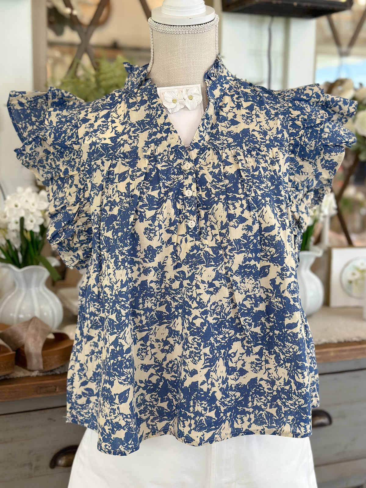 Blue Floral Flutter Sleeve Button Down Top