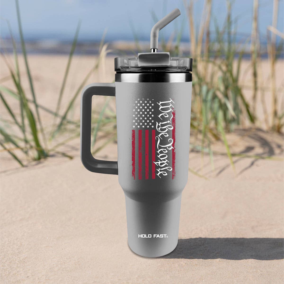 HOLD FAST 40 oz Steel Mug With Straw We The People Flag: Grey, 40 oz.