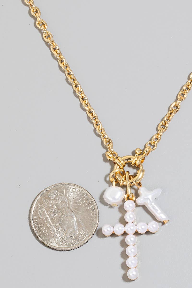 Pearl And Pearl Studded Cross Charms Necklace: GD