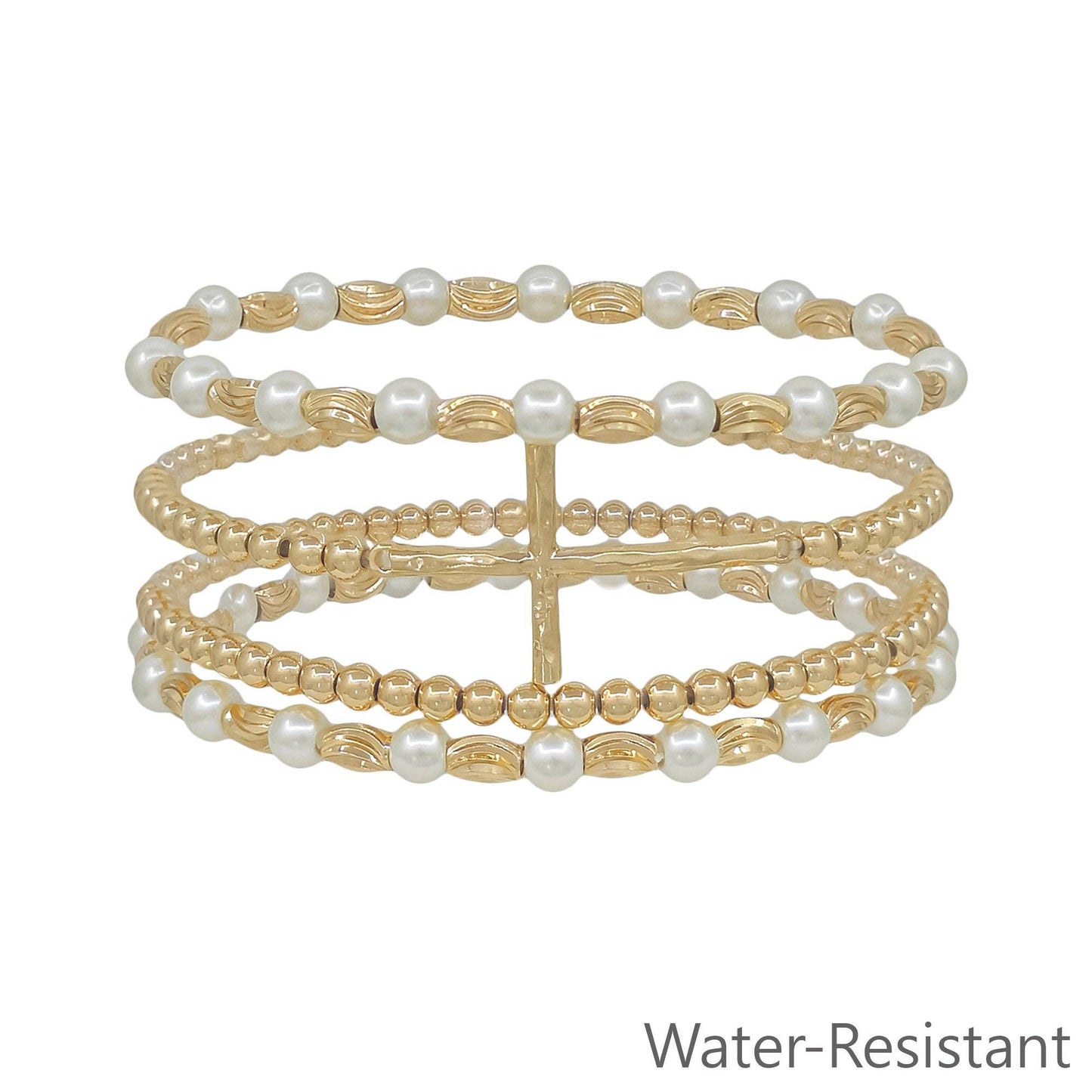 Water Resistant Set of 4 Gold and Pearl Beaded with Thin Cross Stretch Bracelets