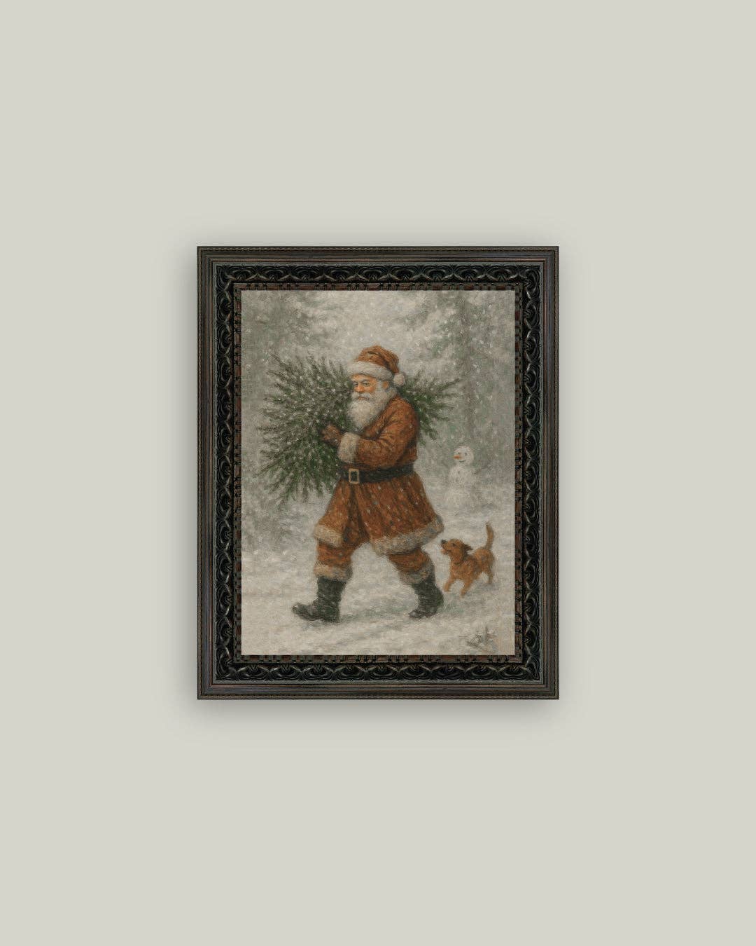 Santa with Tree Framed Antique Art |  5x7