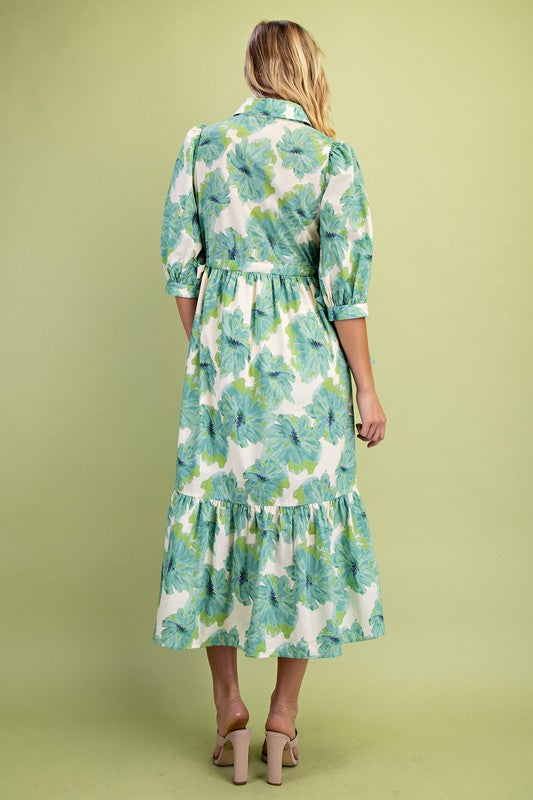 Green Floral Button Down Dress