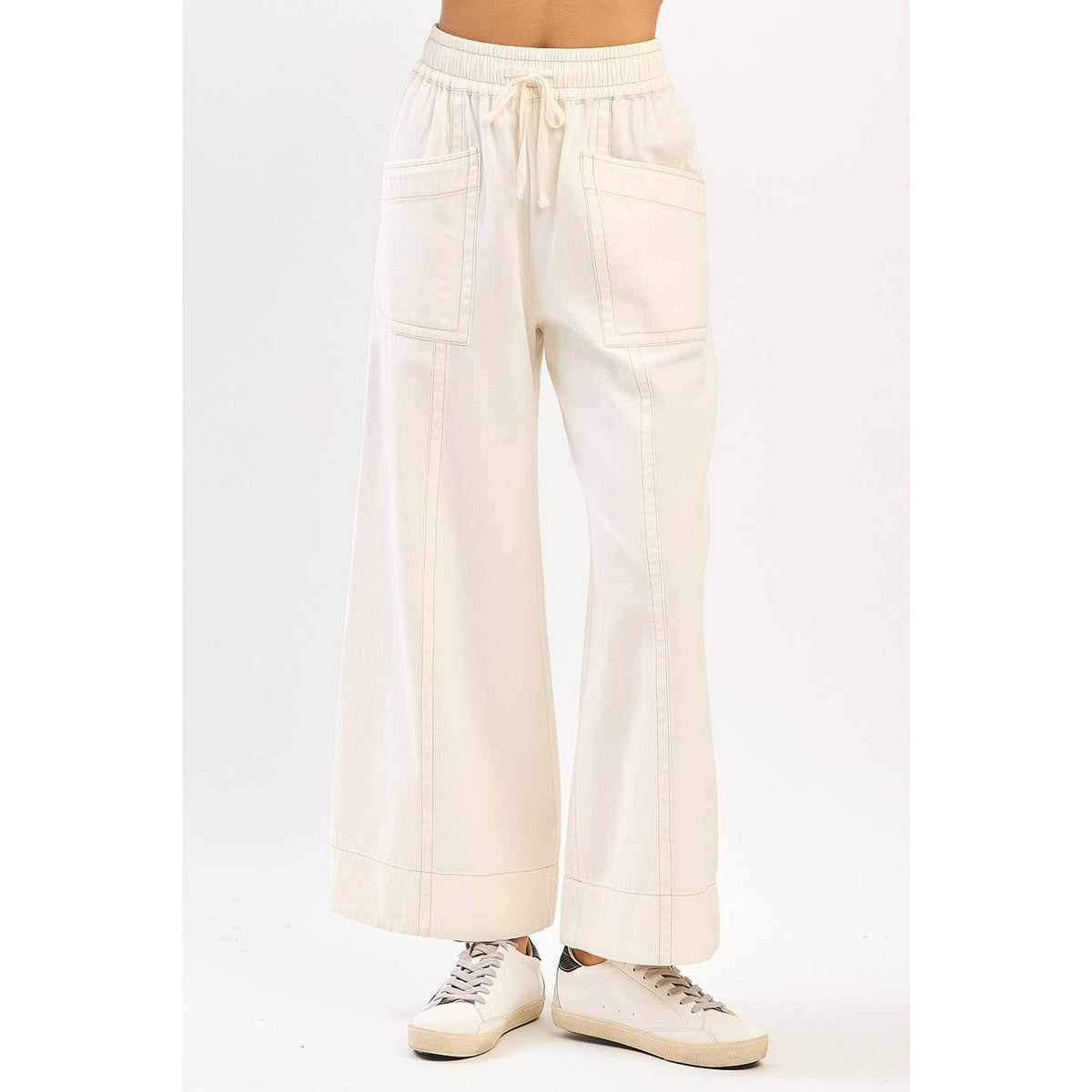 MINERAL WASH WIDE LEG ELASTIC WAIST TWILL PANTS: RED BEAN, S-M-L(2-2-2)