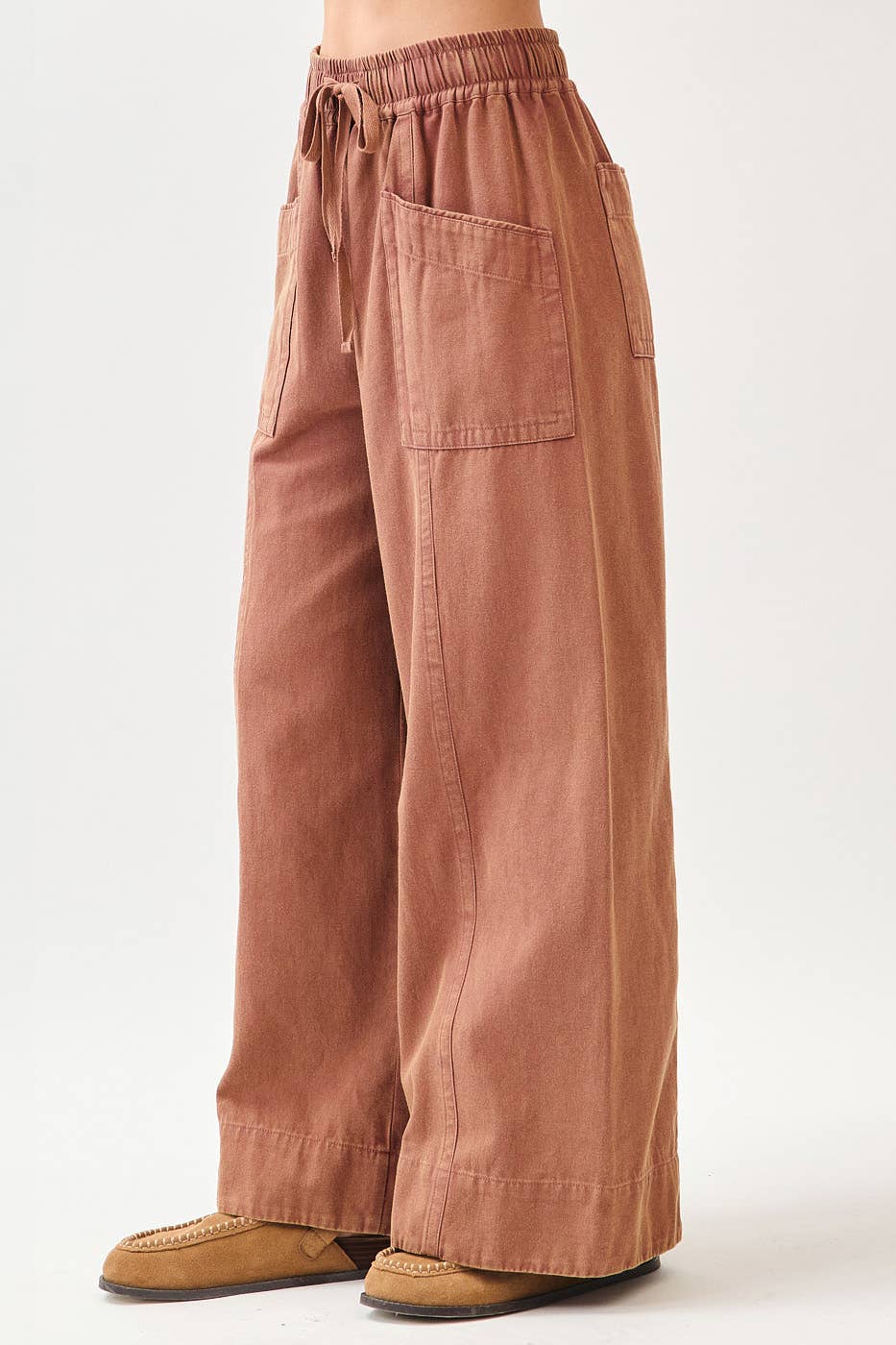 MINERAL WASH WIDE LEG ELASTIC WAIST TWILL PANTS: RED BEAN, S-M-L(2-2-2)