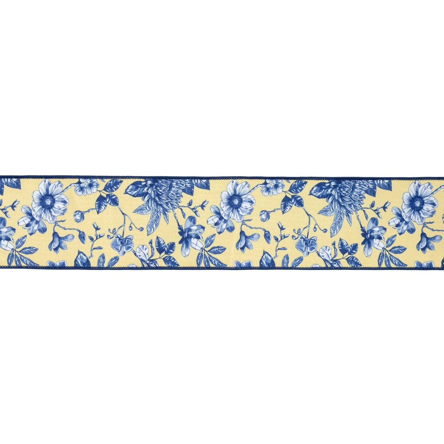 4" Wired Dupioni Ribbon | Blue and Yellow Toile w/ Blue Backing | 10 Yard Roll