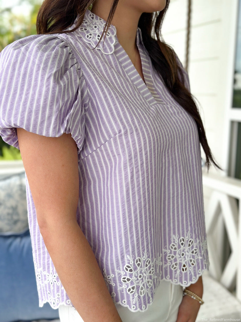 Lavender Pinstripe Embroidered Top