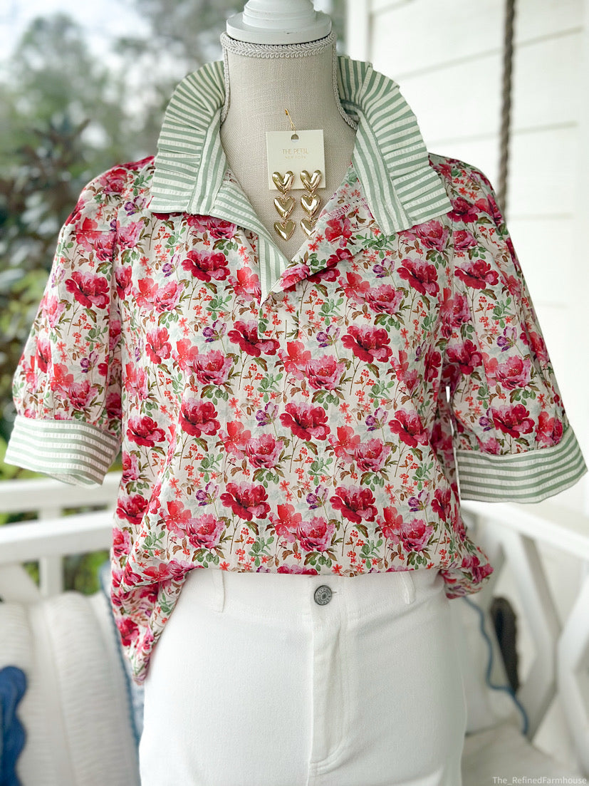 Raspberry Floral with Green Strip Neck Top