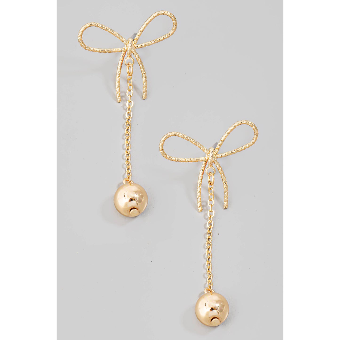 Metallic Ball Charm Chain Dangle Bow Stud Earrings: GD