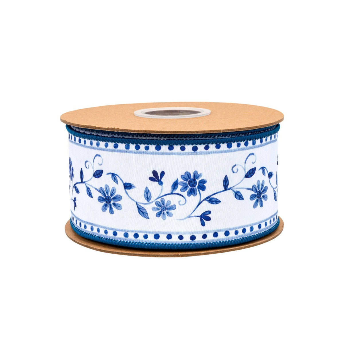 2 1/2" Wired Dupioni Ribbon | Blue Floral Vine on White w/ Blue Backing | 10 Yard Roll