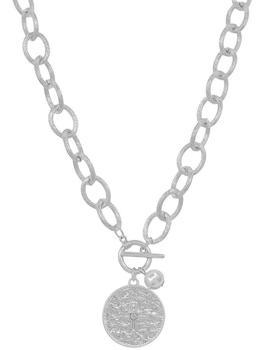 Silver Open Chain with Hammered Coin Toggle Charm 16"-18" Necklace