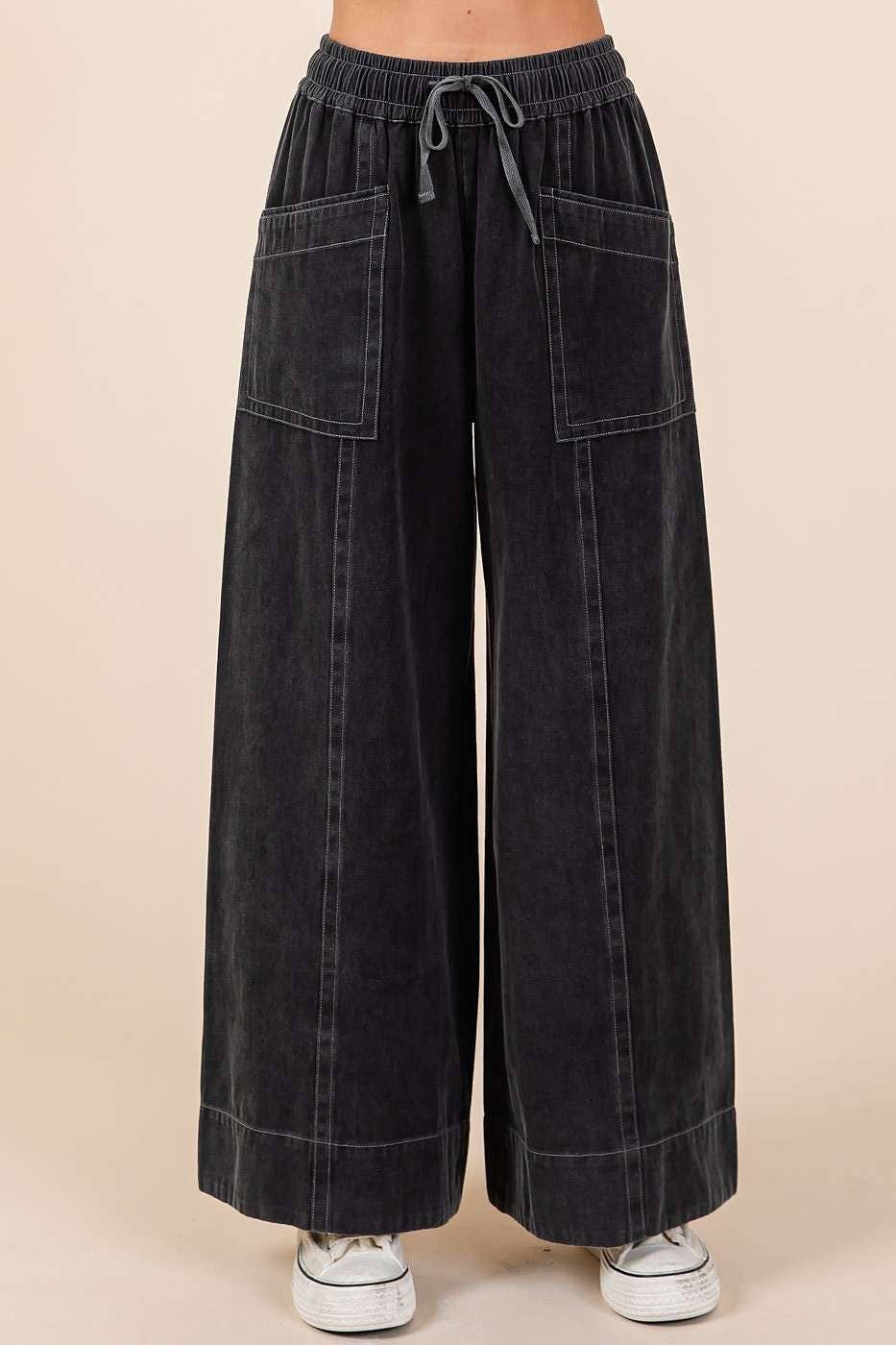 MINERAL WASH WIDE LEG ELASTIC WAIST TWILL PANTS: RED BEAN, S-M-L(2-2-2)