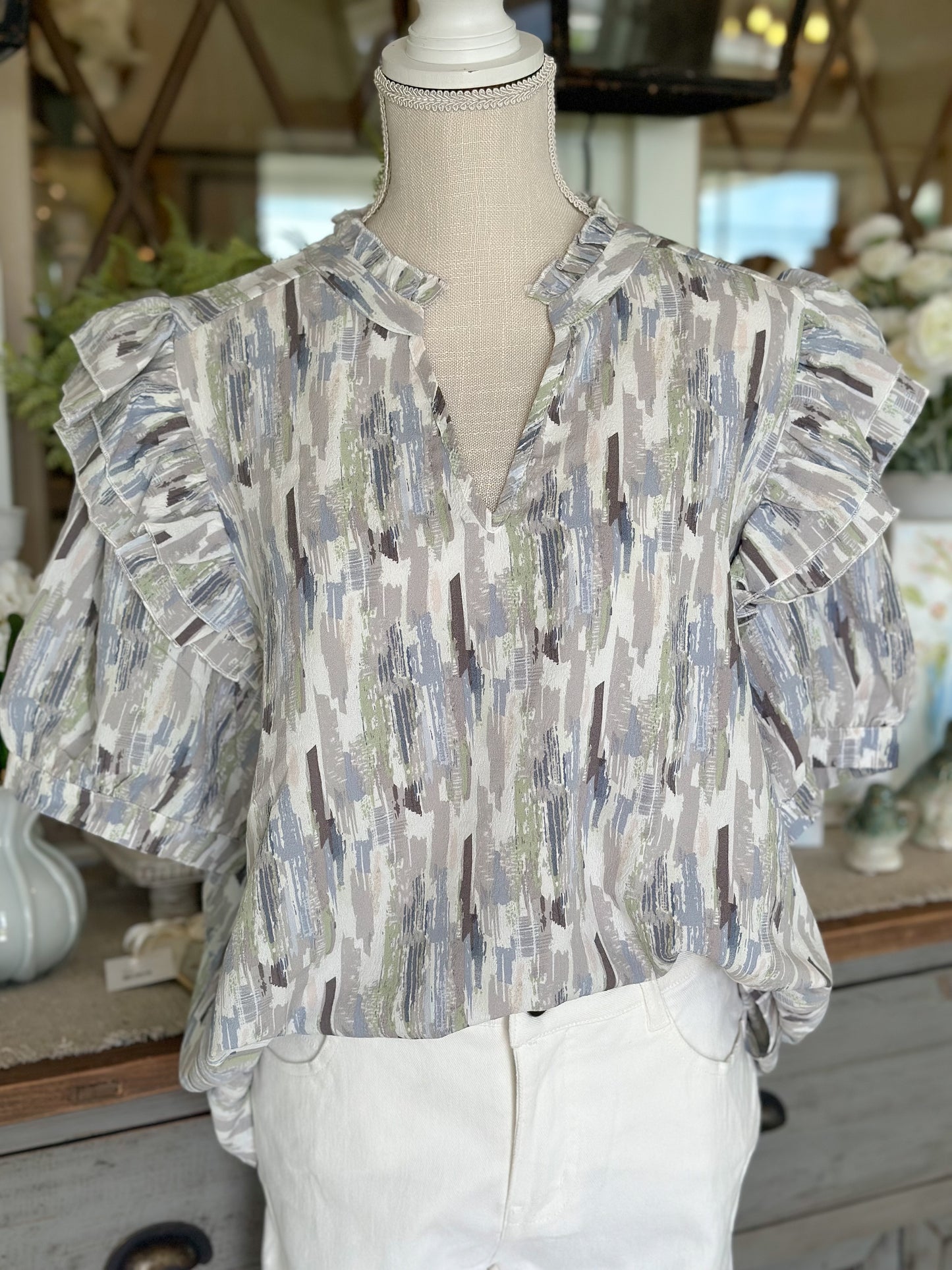 Grey Mix Print Short Sleeve Peasant Top-Curvy