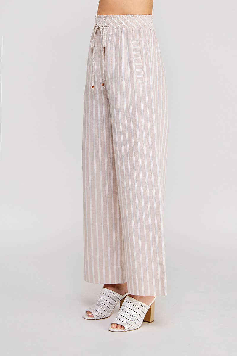 Striped Woven Smock Tie Waist Wide Leg Pants: Sand, S