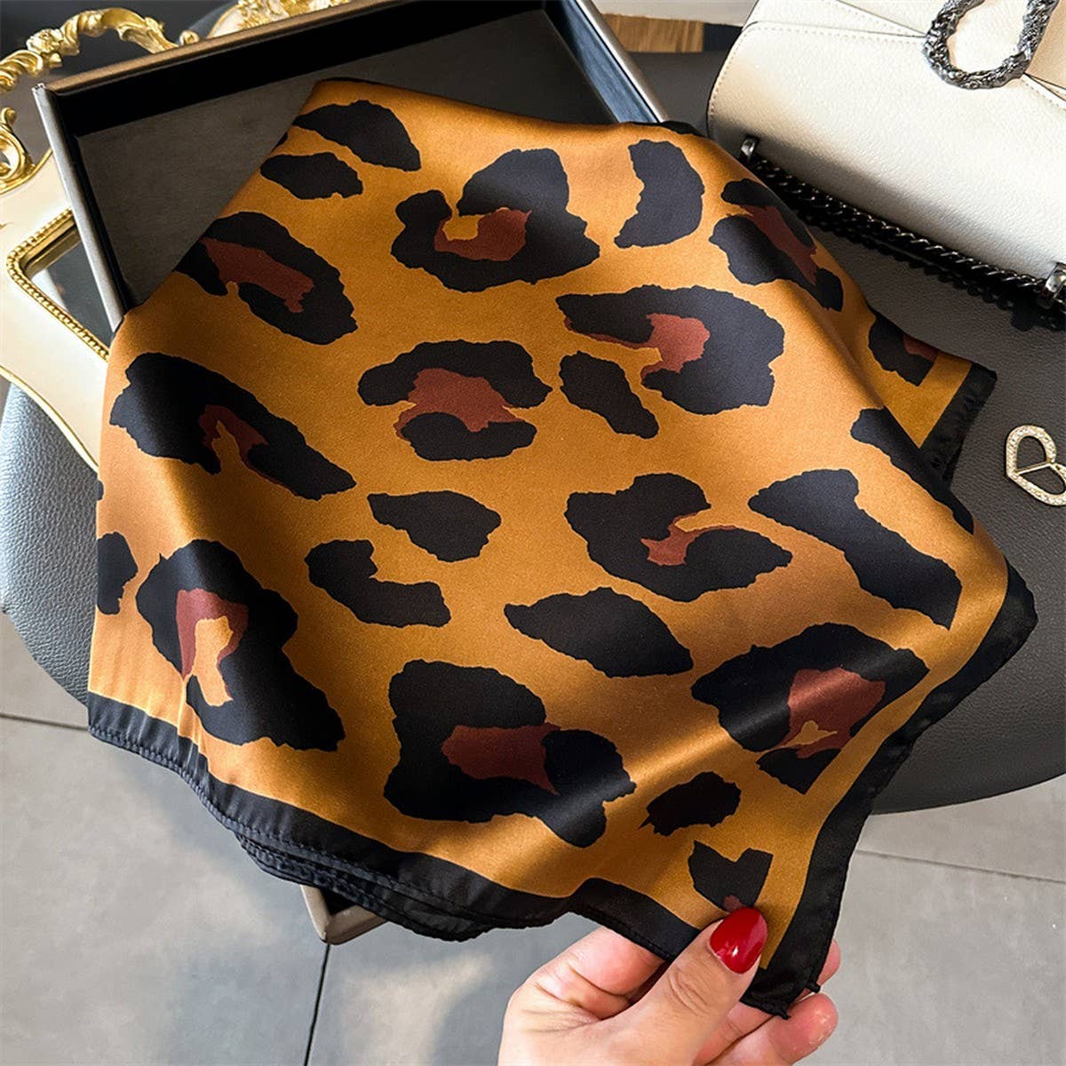 Leopard Print Satin Square Scarf | Gold