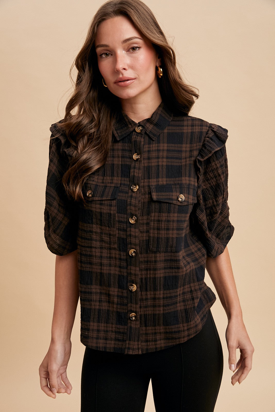 Plaid Ruffle Shoulder Button Down Shirt