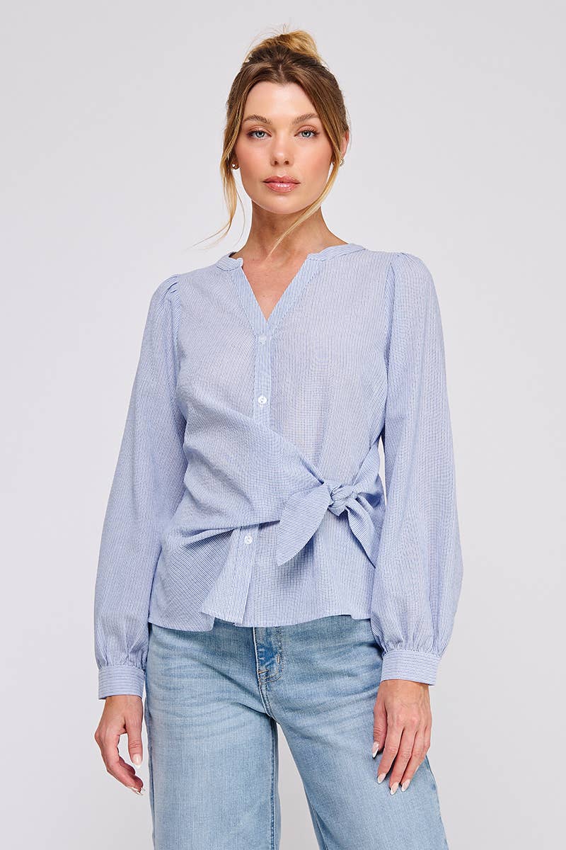 Striped cotton blend side wrap-tie button up blouse: NATURAL WHT, S