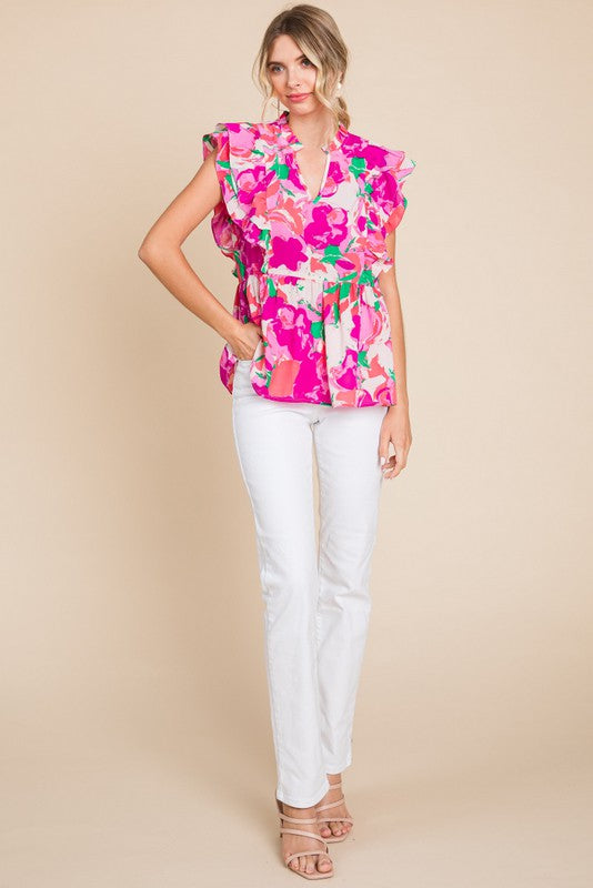Print Baby Doll Top With Ruffle