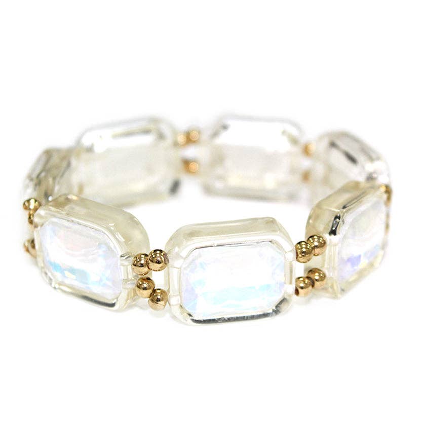 White Opal Crystal Rectangle and Gold Stretch Bracelet