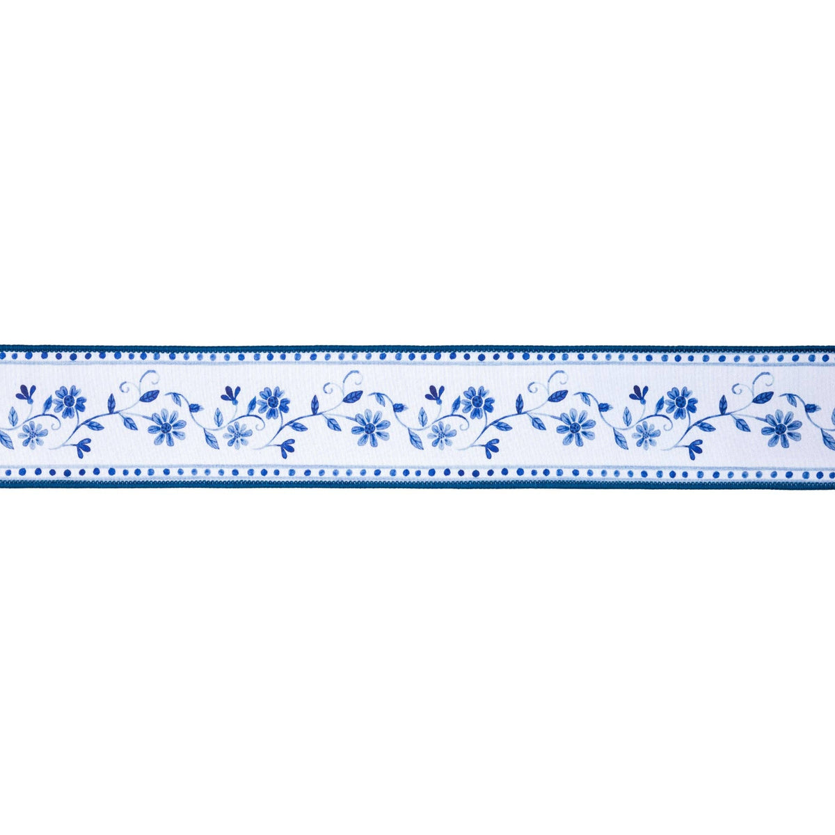 2 1/2" Wired Dupioni Ribbon | Blue Floral Vine on White w/ Blue Backing | 10 Yard Roll