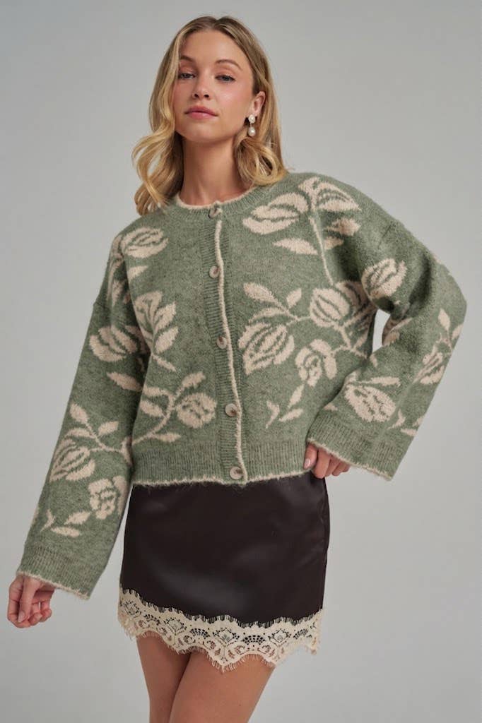 FLORAL BOTANICAL PATTERN INSPIRED SOFT SWEATER FALL CARDIGAN: OATMEAL/MOCHA, S-M-L(2-2-2)